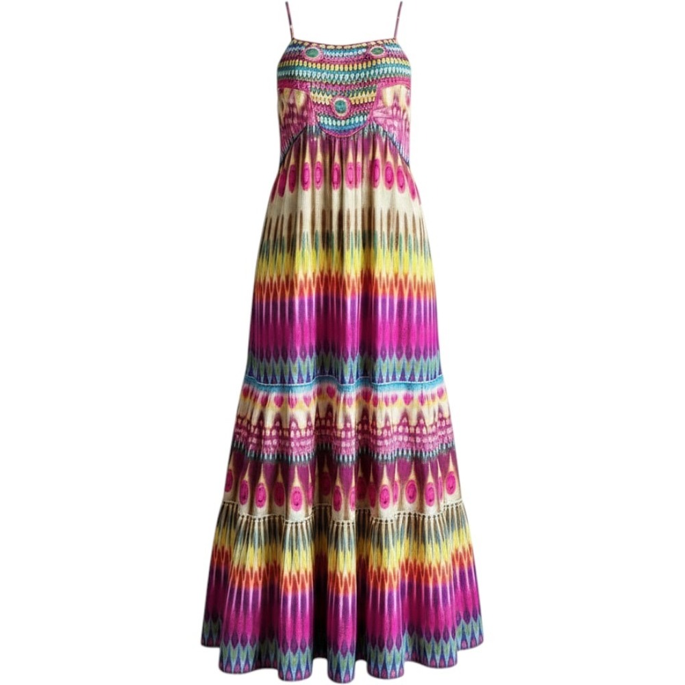 Mystery Maxi Dress Womens M Crochet Tie Dye Peacock Multi-Color Boho Festival
